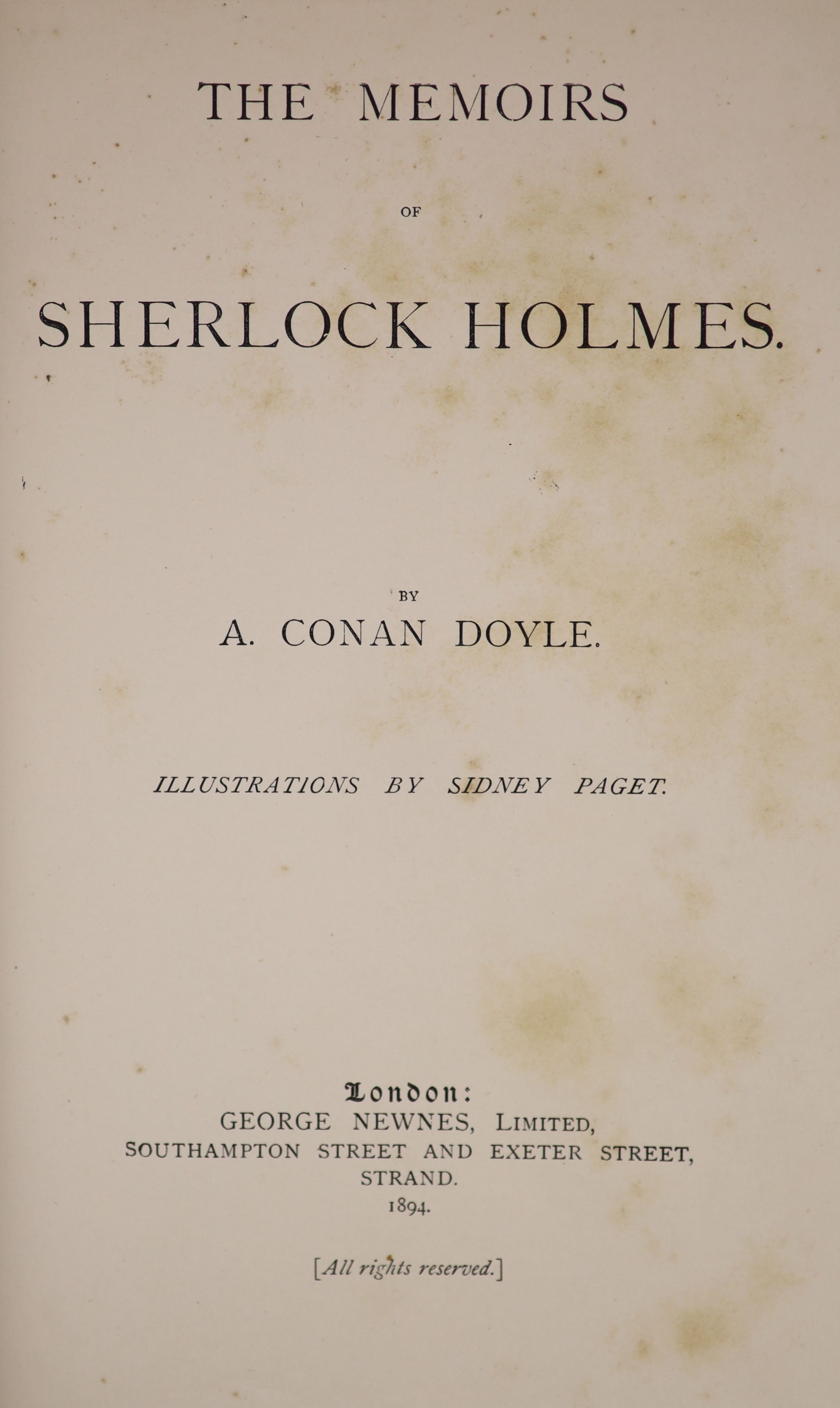 Doyle, Arthur Conan - The Memoirs of Sherlock Holmes, 1st edition, numerous illus. (by Sidney Paget) - but without the frontispiece; publisher's pictorial gilt cloth, gilt edges and